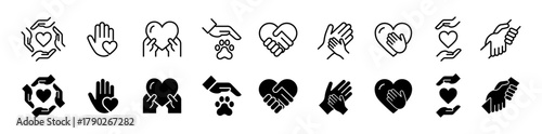 Charity hands icon set. Donation and aid symbol. Friendship logo. Vector illustration.