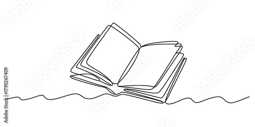Single continuous line art drawing of an open book with blank pages, symbolizing education, knowledge, reading, and storytelling on white background. Vector