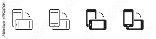 Mobile Device Flip Action Line and Solid Icon Set. Smartphone Screen Rotation With Arrows Indicating Motion, Navigation and Control Symbol Collection. Isolated Vector Illustration