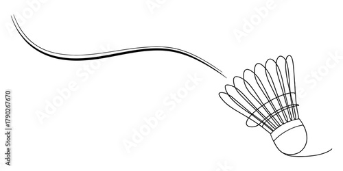 Badminton shuttlecock vector line art illustration with a dynamic curved flight path, ideal for sports graphics, active lifestyle designs. Vector
