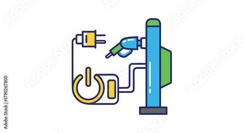 Electric vehicle charging station concept with power plug and gasoline pump illustration