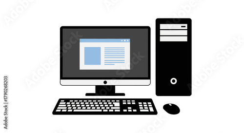 Digital workstation visualization featuring a monitor keyboard and computer tower setup illustration