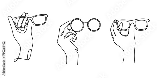 Minimalist continuous line art of three hands holding different styles of eyeglasses, representing vision, style, and fashion accessories Vector