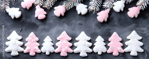 Christmas tree cookies and frosted white fir branches creating a festive holiday border