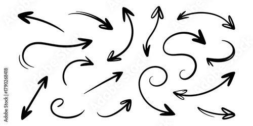 Hand drawn sketch style arrows collection with various shapes, curves, and directions, ideal for pointers, indicators, and infographic elements Vector