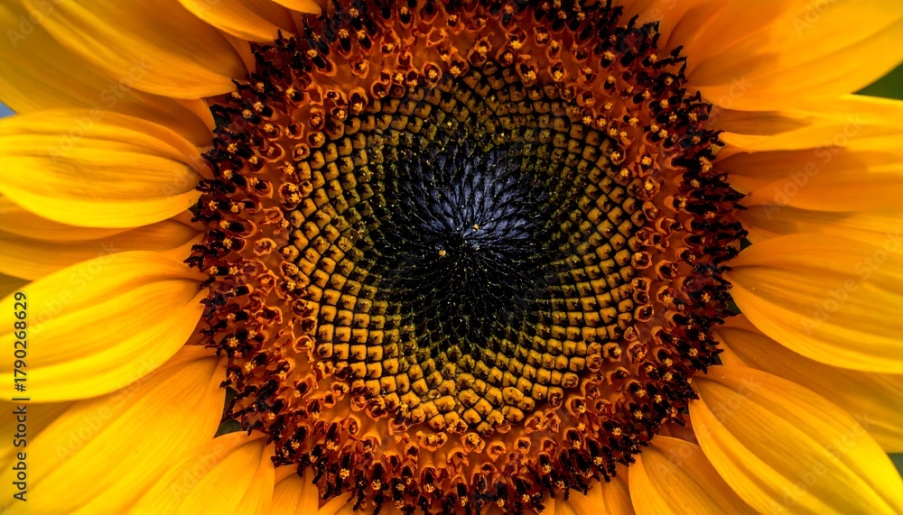 Obraz premium Close-up shot of a vibrant sunflower, showcasing its intricate center and radiating yellow petals in sunny detail