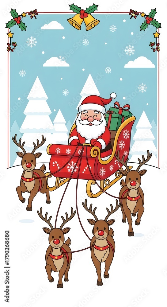 Fototapeta premium Santa Claus flying in sleigh pulled by reindeer in snowy landscape for New Year, Christmas 