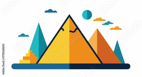 Minimalist mountain range illustration with stylized geometric peaks and colorful shapes