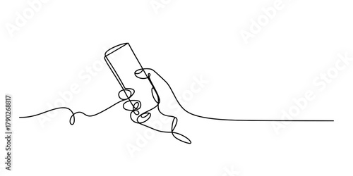 Continuous line drawing of human hand holding a cylindrical object, like a pen or inhaler, representing creation, health, or communication in a minimalist style Vector