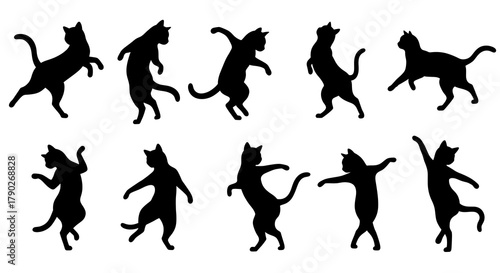 Collection of Playful Cat Silhouettes in Various Dynamic Poses.