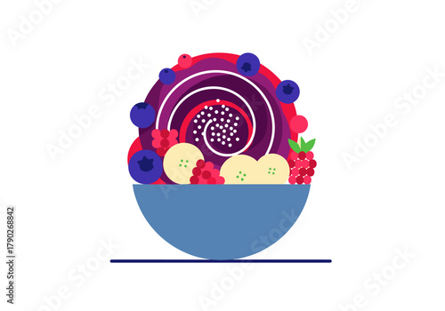 Colorful smoothie bowl with berries and banana in blue bowl  