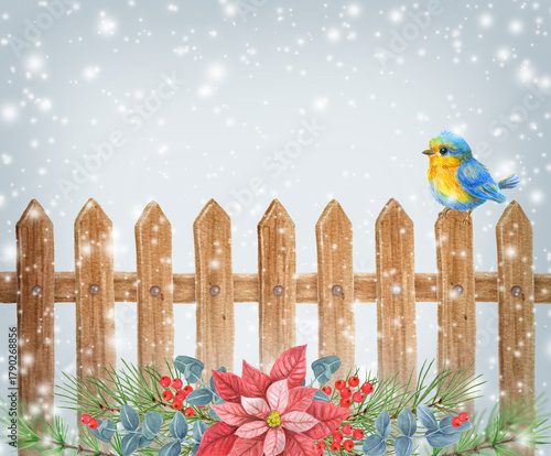 Christmas card with bird on wooden fence and poinsettia, greenery, spruce, pine tree twig and holly berries against background of snowfall. New Year card with snowflakes.
