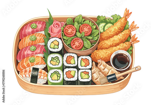 Sushi bento box with shrimp, salad, and dipping sauce on white background  