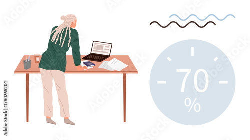 Person leaning over desk, reviewing laptop data with coffee, documents, and stationery. Next to 70 progress chart. Ideal for productivity, analytics, workflow, goals focus progress achievement