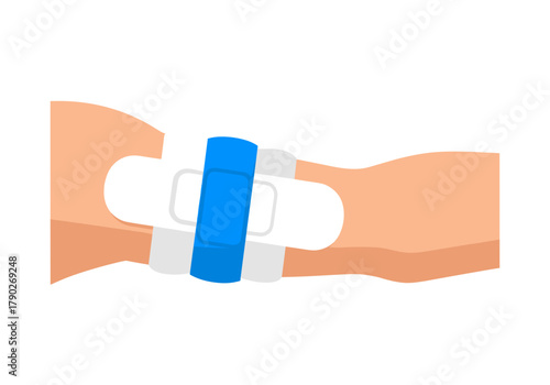 Bandaged arm with a blue medical dressing on a white background  