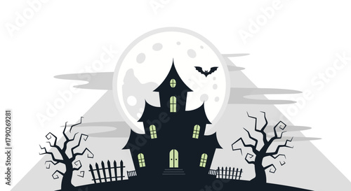Spooky silhouette of a haunted house under the full moon ideal for halloween themes