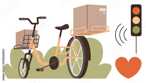 Cargo tricycle carrying boxes amidst greenery, accompanied by a heart, traffic light, and sound waves. Ideal for sustainability, eco-delivery, health, environment, fitness logistics urban mobility