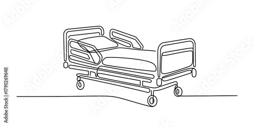 Continuous one-line drawing of a modern hospital bed, illustrating essential medical equipment for patient care, recovery, and healthcare facilities. Vector