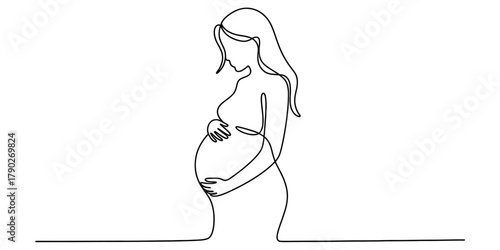 Continuous line art drawing of a pregnant woman embracing her baby bump with hands, depicting maternity, expectation, and new life journey Vector