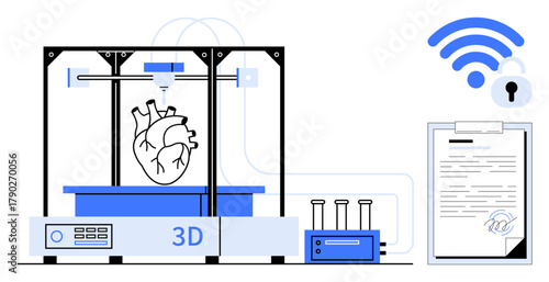 3D printer producing realistic heart model, clipboard with secure-certified document, wireless connectivity, lab equipment. Ideal for healthcare, innovation, science, technology, medical research