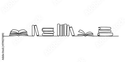 Continuous line art drawing of a minimalist bookshelf illustration with various books, symbolizing education, knowledge, and learning resources. Vector
