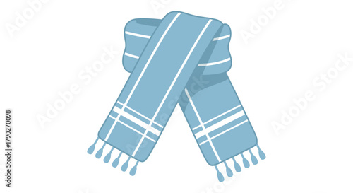 Stylized light blue scarf with white stripes and fringe perfect for winter weather accessory