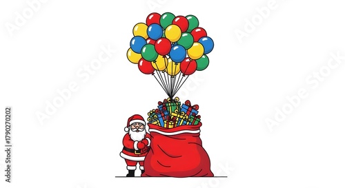 Santa Claus holding a large gift bag with colorful balloons for New Year, Christmas  