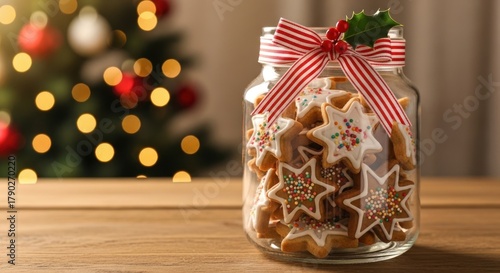 Star shaped christmas cookies in a jar with a red and white ribbon on a wood table