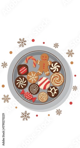 Gingerbread man and assorted cookies on festive plate for New Year, Christmas  