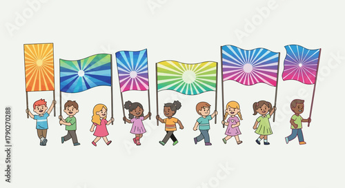 Cheerful children parade holding vibrant sunburst flags symbolizing unity and joyful diversity