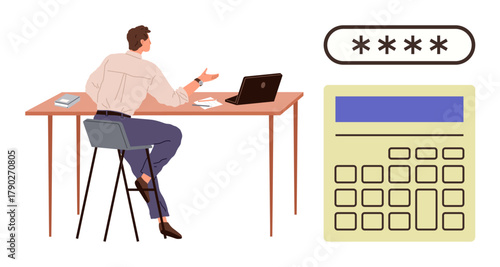 Man seated at a desk using a laptop with a secure password entry field. Ideal for cybersecurity, authentication, data protection, privacy, online accounts, technology, IT concepts. Modern flat