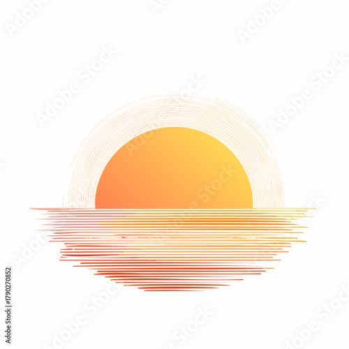 A serene and minimalist vector illustration of a sun setting over the ocean, depicted with thin, curved, and scribbled lines resembling waves and a warm gradient glow