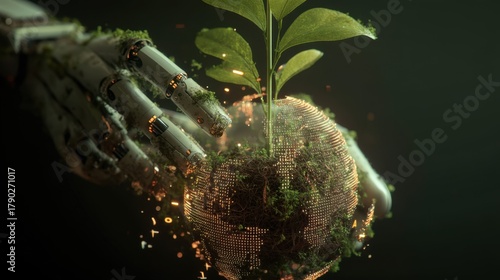 Sustainable technology action robotic hand nurturing a plant digital environment innovative concept
