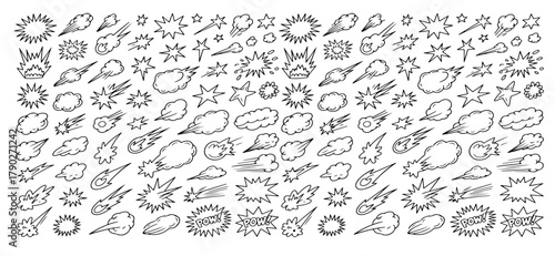 Line speed cartoon effect, boom explosive motion line element set. Comic boom burst, explosive smoke, line speed cartoon vector icon. Hand drawn sketch doodle action effect. Vector illustration