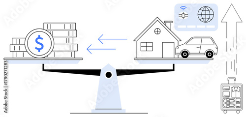 Scales balancing money with house, car, and technology icons, symbolizing assets and finances. Ideal for finance, investments, budgeting, economy wealth management homeownership savings. Simple
