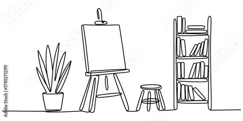 Single continuous line drawing illustrating an artist's creative studio space setup, featuring a potted plant, blank easel, stool, and bookshelf. Vector