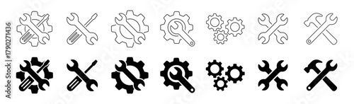 Set of repair and maintenance tool icons with wrench gear hammer and screwdriver silhouette vector illustration on transparent background