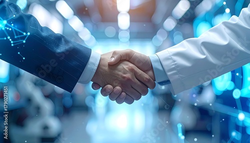 Close-up of a handshake between a suited person and a doctor, amidst a blurred tech environment