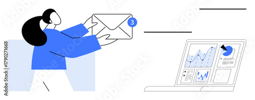 Woman holding an envelope with notification near a laptop displaying charts and data. Ideal for communication, email marketing, productivity, data analytics, work management, multitasking, simple
