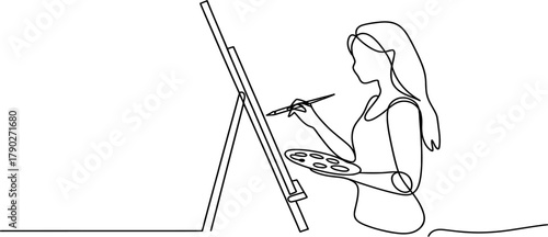 One continuous line drawing of a creative young woman artist painting on an easel with a brush and palette, minimalist artistic expression, hobby art studio concept. Vector