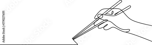 One continuous line drawing of a hand holding chopsticks, symbolizing creativity, asian cuisine, skill, precision, and minimalist art concept on clean background Vector