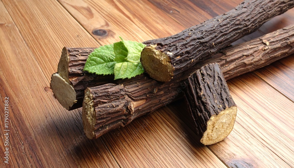 Obraz premium Close-up of licorice sticks with a sprig of green mint on wooden table