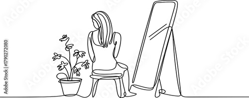 Abstract one line art drawing of a woman sitting, observing her reflection in a large standing mirror, with a potted plant beside her Vector