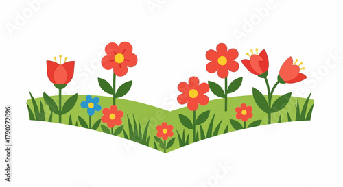 Colorful floral arrangement with red and blue blossoms blooming in green meadow design