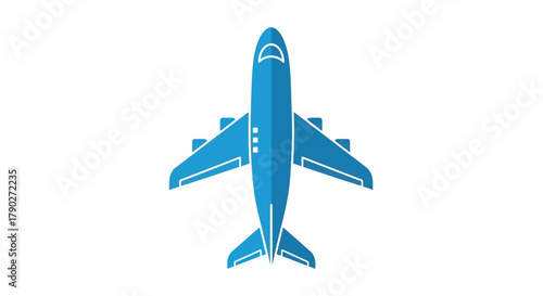 Stylized aerial airplane view in blue depicting travel and aviation industry symbol