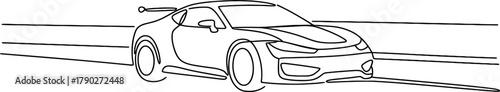 One continuous line drawing of a dynamic sports car, a modern vehicle with sleek contours and a rear spoiler, driving on a road, artistic. Vector