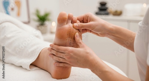 Woman receiving foot reflexology using colorful beads on acupressure points. Alternative medicine or traditional healing therapy concept.