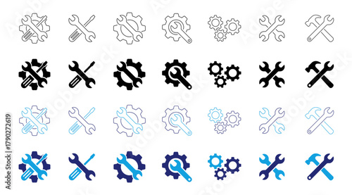 Tool repair and maintenance icon set with wrench, gear, hammer and screwdriver on transparent background.