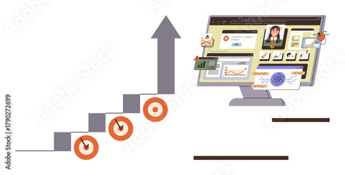 Stepped arrow with target goals leading to a digital platform featuring analytics, user dashboards, and online interaction tools. Ideal for success, growth, strategy, analytics, business, progress