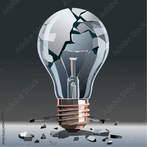 A shattered lightbulb, its filament broken, rests on a dark surface, symbolizing an idea lost.